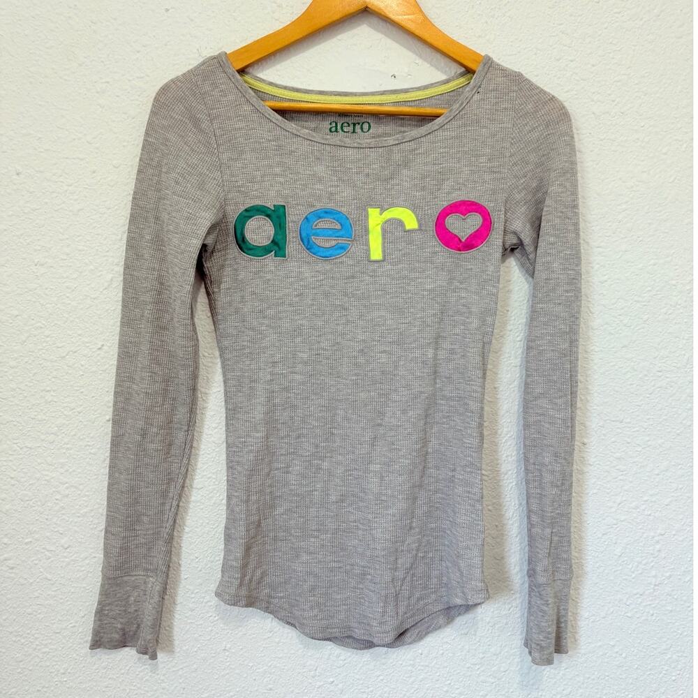 Vintage Y2K Aeropostale Long Sleeve Thermal Gray Preppy Rainbow